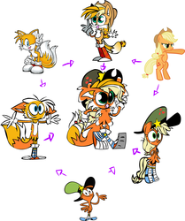 Size: 1280x1529 | Tagged: dead source, safe, artist:mushroomcookiebear, applejack, g4, appletails, applewandertails (fusion), crossover, crossover fusion, fusion, fusion diagram, hexafusion, male, miles "tails" prower, sonic the hedgehog (series), wander (wander over yonder), wander over yonder, wander's hat, wanderjack (fusion), wandertails