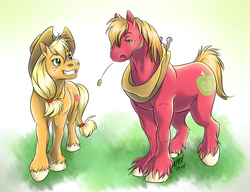 Size: 950x731 | Tagged: safe, artist:carnivorouscaribou, artist:moenkin, applejack, big macintosh, earth pony, pony, g4, brother and sister, female, male, siblings, stallion