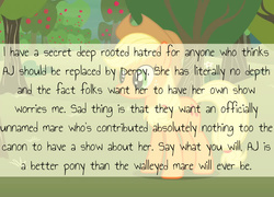 Size: 1000x720 | Tagged: safe, applejack, derpy hooves, g4, the last roundup, derpygate, drama, female, hate, meta, mlpconfessions, old drama, solo, text, tl;dr