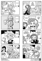 Size: 900x1290 | Tagged: safe, artist:shepherd0821, pinkie pie, rarity, spike, sweetie belle, twilight sparkle, anthro, g4, 4koma, ambiguous facial structure, breasts, busty twilight sparkle, clothes, comic, faic, female, fourth wall, fourth wall destruction, hasbro, how is babby formed, meta, michael bay, monochrome, pinkie being pinkie, shorts, sonic boom, tank top, teenage mutant ninja turtles, teenage mutant ninja turtles (2014), translation