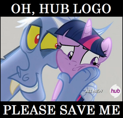 Size: 460x442 | Tagged: safe, edit, edited screencap, screencap, discord, twilight sparkle, alicorn, pony, g4, season 4, three's a crowd, blue flu, cropped, duo, female, hub logo, mare, meme, television logo joke, twilight sparkle (alicorn)