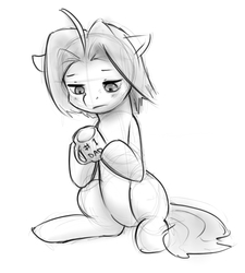 Size: 665x740 | Tagged: safe, artist:alloyrabbit, oc, oc only, oc:ultramare, earth pony, pony, monochrome, mug, sad, sketch, solo