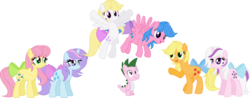 Size: 4227x1660 | Tagged: safe, artist:itoruna-the-platypus, applejack (g1), firefly, posey, sparkler (g1), spike, surprise, twilight, g1, g4, g1 six, g1 to g4, generation leap, simple background, tail bow, transparent background, vector
