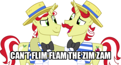 Size: 1024x554 | Tagged: safe, artist:nero-narmeril, flam, flim, g4, can't flim flam the zim zam, exploitable meme, flim flam brothers, meme