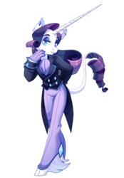 Size: 2500x3600 | Tagged: safe, artist:frogbians, rarity, classical unicorn, unicorn, anthro, unguligrade anthro, g4, clothes, cloven hooves, crossdressing, ear piercing, female, gloves, high res, horn, impossibly large horn, leonine tail, lidded eyes, long horn, looking at you, mare, pants, piercing, sharp horn, simple background, smiling, solo, suit, transparent background, unshorn fetlocks