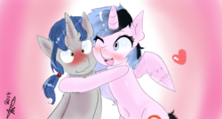 Size: 1280x687 | Tagged: safe, artist:mrscurlystyles, oc, oc only, oc:artshine, oc:kickassking, blushing, cute, hug