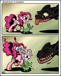 Size: 2100x2600 | Tagged: dead source, safe, artist:gray--day, gummy, pinkie pie, dragon, earth pony, night fury, pony, g4, comic, crossover, dreamworks, gradient background, high res, how to train your dragon, open mouth, retractable teeth, shocked, shocked expression, surprised, teeth, toothless the dragon, wide eyes