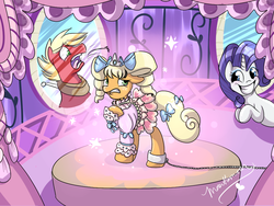 Size: 1024x768 | Tagged: safe, artist:mare--in--the--moon, applejack, big macintosh, rarity, earth pony, pony, g4, alternate hairstyle, applejack also dresses in style, carousel boutique, clothes, dress, grin, male, puffy sleeves, shackles, shocked, stallion, uncomfortable
