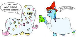 Size: 1268x616 | Tagged: safe, artist:scyphi, fluttershy, rainbow dash, pegasus, pony, g4, bedsheet ghost, blockhead, charlie brown, clothes, costume, duo, female, flutterghost, ghost costume, halloween, halloween costume, mare, peanuts, witch costume