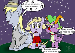 Size: 1386x992 | Tagged: safe, artist:scyphi, derpy hooves, dinky hooves, spike, g4, cosplay, inspector gadget, penny gadget, red nose, trio