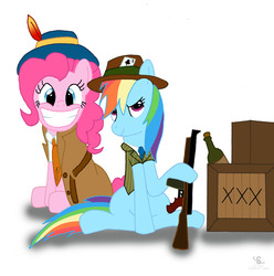 Size: 2453x2471 | Tagged: safe, artist:scyphi, pinkie pie, rainbow dash, g4, al capone, duo, gangster, gun, high res, lackadaisy, prohibition, submachinegun, tommy gun