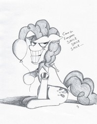 Size: 1590x2032 | Tagged: safe, artist:corvostawr, pinkie pie, g4, creepy, creepy pie, female, jester, jester pie, monochrome, nightmare fuel, solo, traditional art