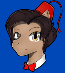 Size: 1500x1696 | Tagged: safe, artist:flam3zero, doctor whooves, time turner, earth pony, pony, g4, bowtie, clothes, doctor who, eleventh doctor, fez, hat, male, ponified, portrait, solo, style emulation, yuji uekawa style