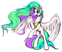 Size: 1221x1026 | Tagged: safe, artist:nadnerbd, princess celestia, alicorn, pony, g4, female, large wings, long mane, long tail, mare, open mouth, raised hoof, raised hooves, rearing, simple background, slender, solo, spread wings, tail, tall, thin, transparent background, wings
