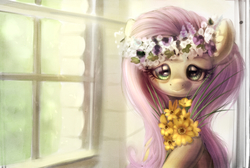 Size: 941x632 | Tagged: safe, artist:carligercarl, fluttershy, pony, g4, bouquet, bust, color porn, eye reflection, female, floral head wreath, flower, frame, front view, full face view, hoof hold, indoors, looking at you, mare, painting, portrait, reflection, solo, window