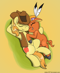 Size: 2500x3000 | Tagged: safe, artist:drako1997, braeburn, little strongheart, bison, buffalo, earth pony, pony, g4, adoraheart, cute, female, high res, male, ship:braeheart, shipping, straight