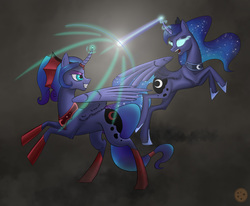 Size: 2647x2178 | Tagged: safe, artist:coco-maya, idw, princess luna, g4, reflections, spoiler:comic, evil counterpart, evil luna, evil smile, female, fight, grin, high res, magic, mare, mirror universe, smiling