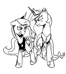 Size: 1280x1427 | Tagged: safe, artist:anticular, princess celestia, princess luna, alicorn, pony, lunadoodle, g4, duo, duo female, female, frown, grin, mare, monochrome, peytral, smiling, unamused