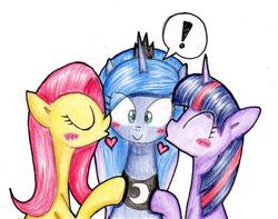 Size: 636x500 | Tagged: dead source, safe, artist:unousaya, fluttershy, princess luna, twilight sparkle, g4, blushing, cheek kiss, female, kiss sandwich, kissing, lesbian, polyamory, ship:lunashy, ship:twiluna, shipping, simple background, traditional art