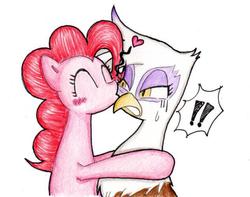 Size: 633x500 | Tagged: safe, artist:unousaya, gilda, pinkie pie, griffon, g4, female, interspecies, kissing, lesbian, ship:gildapie, shipping, traditional art