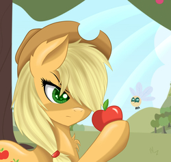 Size: 917x871 | Tagged: safe, artist:ti-wave, applejack, earth pony, parasprite, pony, g4, apple, chest fluff, colored pupils, ear fluff, female, food, frown, hair over one eye, hoof hold, mare, solo