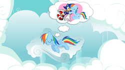 Size: 1920x1080 | Tagged: safe, rainbow dash, g4, crossover, crossover shipping, dream, female, interspecies, kissing, male, shipping, sleeping, sonic the hedgehog, sonic the hedgehog (series), sonicdash, straight, vector, wallpaper