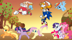 Size: 8000x4498 | Tagged: safe, apple bloom, applejack, fluttershy, pinkie pie, rainbow dash, rarity, scootaloo, sweetie belle, twilight sparkle, chao, g4, absurd resolution, cheese, copy and paste, cream the rabbit, crossover, cutie mark crusaders, knuckles the echidna, male, mane six, miles "tails" prower, sonic the hedgehog, sonic the hedgehog (series)