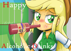 Size: 1333x959 | Tagged: safe, artist:the-butch-x, applejack, equestria girls, g4, alcohol, alcoholism, cider, cowboy hat, cowgirl, female, fingernails, green eyes, hard cider, hat, moonshine, nail polish, solo, stetson, sweat, yellow hair