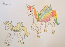 Size: 1024x746 | Tagged: safe, artist:mirokudivine, alicorn, pegasus, pony, ponyta, rapidash, fakemon, pokémon, traditional art