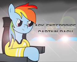 Size: 1363x1104 | Tagged: safe, artist:wynarity, rainbow dash, g4, blog, clothes, colored, crossover, female, lens flare, science fiction, solo, space, star trek, star trek (tos), uniform, uss enterprise