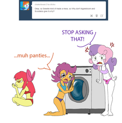 Size: 1280x1285 | Tagged: safe, artist:go-go-crusaders, apple bloom, scootaloo, sweetie belle, equestria girls, g4, angry, belly button, blue underwear, bra, clothes, crop top bra, crying, cutie mark crusaders, dialogue, go go crusaders, heart, heart print underwear, humanized, laundry, mismatched underwear, panties, pink underwear, purple underwear, red underwear, underwear, washing machine, young