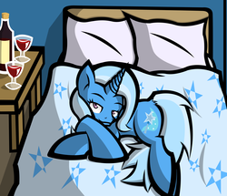 Size: 3000x2575 | Tagged: safe, artist:tomol6, trixie, pony, unicorn, g4, bed, female, high res, mare, solo, wine