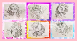 Size: 1304x694 | Tagged: safe, artist:chichicherry123, applejack, fluttershy, pinkie pie, rainbow dash, rarity, twilight sparkle, alicorn, pony, g4, female, mane six, mare, monochrome, sketch art, twilight sparkle (alicorn)