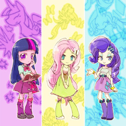 Size: 700x700 | Tagged: safe, artist:hacha, fluttershy, rarity, twilight sparkle, equestria girls, g4, pixiv