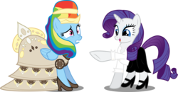 Size: 9563x4976 | Tagged: safe, artist:atomicmillennial, rainbow dash, rarity, pegasus, pony, unicorn, g4, absurd resolution, clothes, dress, duo, duo female, female, frown, gritted teeth, high heels, laughing, mare, model, modeling, open mouth, pointing, ponies wearing black, rainbow dash always dresses in style, simple background, smiling, transparent background, wide eyes