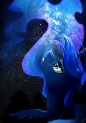 Size: 1267x1810 | Tagged: safe, artist:uglytree, princess luna, alicorn, pony, g4, ears back, ethereal mane, eye reflection, female, flowing mane, looking up, mare, night, reflection, solo, stargazing, starry mane, stars