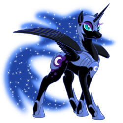 Size: 1920x1915 | Tagged: safe, artist:nebulastar985, nightmare moon, alicorn, pony, g4, ethereal mane, female, helmet, hoof shoes, mare, peytral, simple background, solo, spread wings, starry mane, transparent background, wings