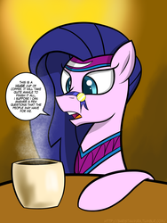 Size: 1536x2048 | Tagged: safe, artist:woodcase, amira, saddle arabian, g4, barista amira, coffee, cross-eyed, open mouth, solo, steam