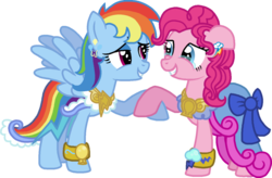 Size: 1024x673 | Tagged: safe, artist:starryoak, pinkie pie, rainbow dash, earth pony, pegasus, pony, g4, bow, bracelet, clothes, crying, cute, dress, earring, eye contact, female, holding hooves, lesbian, marriage, ship:pinkiedash, shipping, simple background, sweet, tears of joy, transparent background