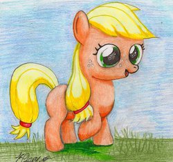 Size: 924x864 | Tagged: safe, artist:shutterguy, applejack, g4, drawing, female, filly, hatless, missing accessory, solo, traditional art