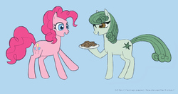 Size: 1247x661 | Tagged: safe, artist:scrap-paper-tea, pinkie pie, oc, oc:kandy kush, earth pony, pony, g4, brownie, duo, female, food, implied drugging, implied marijuana, mare, pot, simple background