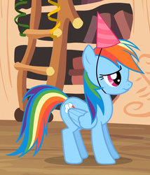 Size: 815x951 | Tagged: safe, screencap, rainbow dash, daring don't, g4, female, hat, national random holiday party day, party hat, scrunchy face, solo
