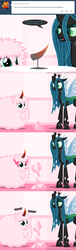 Size: 650x2125 | Tagged: safe, artist:mixermike622, queen chrysalis, oc, oc:fluffle puff, changeling, changeling queen, tumblr:ask fluffle puff, g4, broken horn, colored horn, comic, crystal, curved horn, dark magic, fake horn, female, glowing eyes, horn, lithophage, magic, severed horn, sombra eyes, sombra's horn