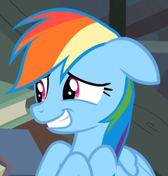 Size: 1021x1067 | Tagged: safe, screencap, rainbow dash, pegasus, pony, daring don't, g4, awkward smile, female, floppy ears, mane, mare, smiling, solo, wings