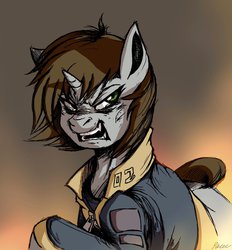 Size: 1024x1102 | Tagged: dead source, safe, artist:whitepone, oc, oc only, oc:littlepip, pony, unicorn, fallout equestria, clothes, fallout, fanfic, fanfic art, female, horn, jumpsuit, mare, open mouth, solo, teeth, vault suit