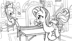 Size: 2600x1500 | Tagged: safe, artist:verulence, fluttershy, spike, g4, cute, eyes closed, lineart, monochrome, mouth hold, open mouth, ping pong, smiling