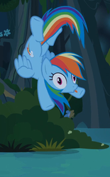 Size: 667x1077 | Tagged: safe, screencap, rainbow dash, pegasus, pony, daring don't, g4, backbend, female, flying, mare, silly, silly pony, solo, tongue out