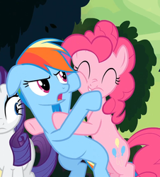 Size: 767x849 | Tagged: safe, screencap, pinkie pie, rainbow dash, rarity, pony, daring don't, g4, eyes closed, floppy ears, frown, grin, hape, hug, out of context, smiling, squishy cheeks, wide eyes