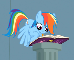 Size: 1073x865 | Tagged: safe, screencap, rainbow dash, pegasus, pony, daring don't, g4, cute, dashabetes, diary, female, flying, looking down, mare, mouth hold, solo, writing