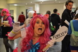 Size: 4608x3072 | Tagged: safe, artist:breakingreflections, pinkie pie, human, g4, 2013, clothes, convention, cosplay, crossover, evening gloves, forever, irl, irl human, photo, sailor moon (series), sailor pinkie pie, sailor senshi, sign, solo, supanova